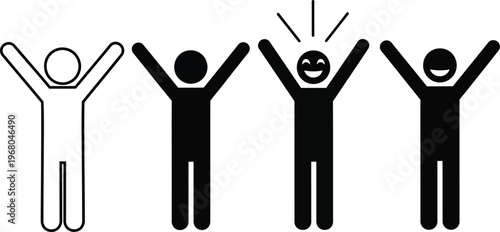 Stick figure celebration four figures with arms raised in joyful exuberance