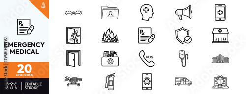 Set of 20 professional emergency and medical line icons featuring healthcare symbols like ambulance hospital first aid kit exit sign car accident fire extinguisher and medical prescription
