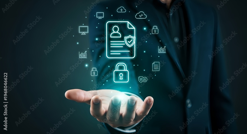 Fototapeta premium A businessman holding a glowing digital document with security icons floating above his hand