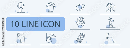 Golf sport set icon. Tee ball shirt meteor logo player swing shorts headset score card hole course shot equipment.