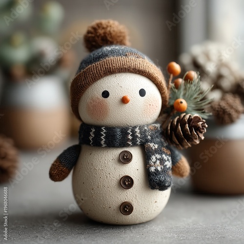 Snowman decoration with pinecone in cozy indoor setting