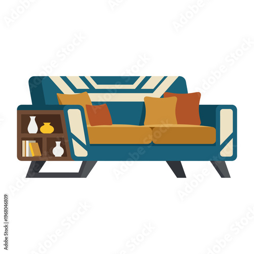 This image features a stylish modern sofa with a unique design, vibrant colors, and distinct patterns, perfect for contemporary interior decor themes and settings.