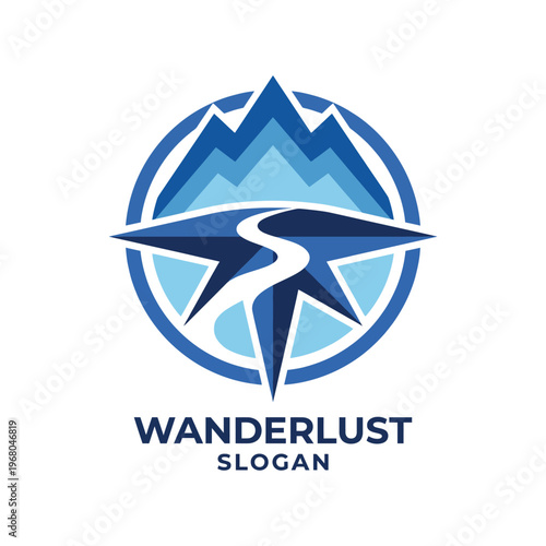 This visually striking logo captures the essence of wanderlust with a mountain silhouette, a winding road, and vibrant colors, embodying the spirit of adventure and exploration.