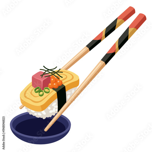 This captivating image showcases a beautifully arranged sushi piece held by chopsticks, accompanied by a small dish of dipping sauce, highlighting exquisite culinary art.