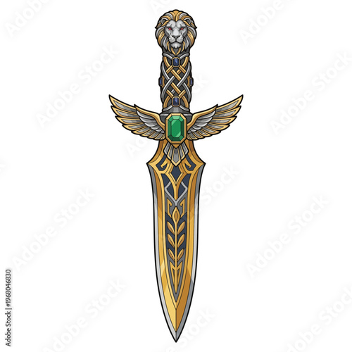 This stunning image portrays an ornate golden sword with detailed engravings and embellishments, showcasing artistry and craftsmanship in weapon design and decoration.