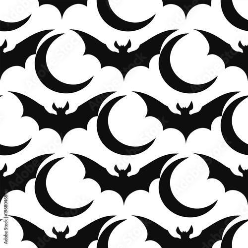 Seamless Halloween Pattern with Flying Bats and Crescent Moons Black and White Vector Silhouette for Spooky Theme Decor and Textile Design