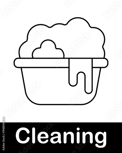 Bucket with soap foam line icon representing washing, cleaning supplies and household sanitation concept