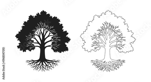 Εκτύπωση καμβά Two contrasting tree depictions one solid black and one line art showcase botani