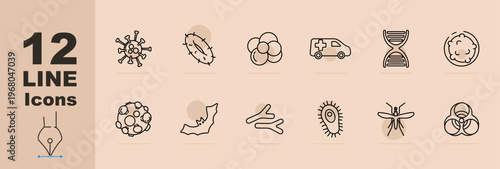 Virus microbiology set icon. Line icons with virus cell, bacteria shape, cell cluster, ambulance vehicle, DNA helix, petri dish, molecule structure, bat silhouette, microbe rods, germ organism
