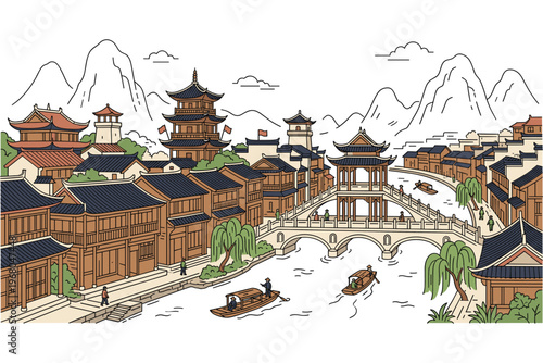 Oriental Cityscape Illustration: An artistic illustration captures the essence of a serene Oriental town, featuring traditional architecture, bridges, and boats on a tranquil river.