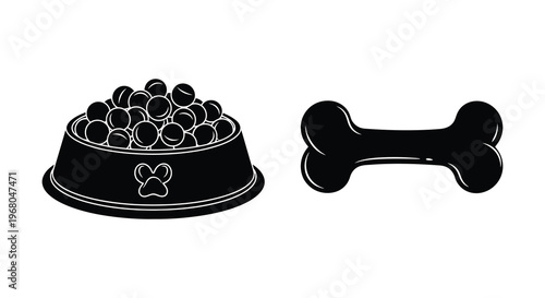 A black silhouette depicting a full food bowl and a bone representing pet nourishment and care silhouette high quality professional detailed