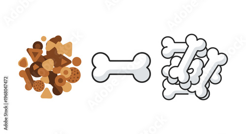 Colorful dog food pieces are arranged beside a stark white bone silhouette illustrating pet nutrition and diet high quality professional detailed