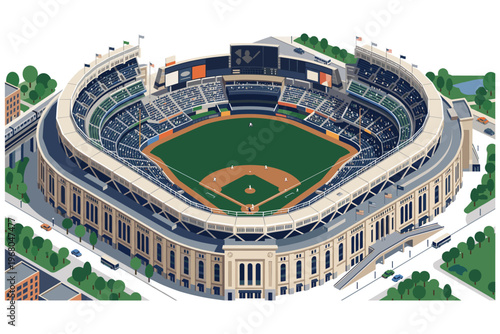 Modern Stadium: A detailed illustration showcases the grandeur of a modern baseball stadium. A sprawling green field, surrounded by tiered seating, embodies the spirit of sport and architecture. 
