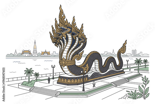 Majestic Naga Monument by River: An architectural marvel, this intricately detailed Naga statue, a mythical serpent, graces a riverside setting. The serpent's elegant form, with its ornate crown.