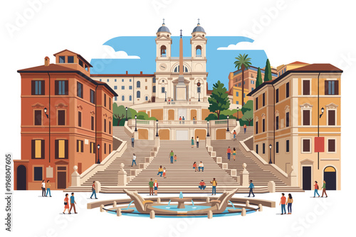 Eternal City's architectural marvel: A vibrant illustration showcasing the Spanish Steps in Rome, a stunning display of baroque architecture, bustling with life and framed by iconic buildings.