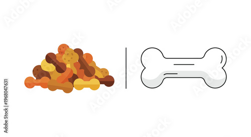 A colorful pile of dog food is displayed next to a white bone outline a striking silhouette high quality professional detailed