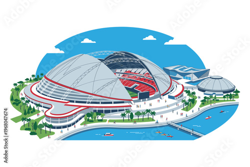 Architectural Marvel: A sprawling stadium, a symphony of engineering and design, stands as a monument to human endeavor, blending seamlessly with the natural landscape. 