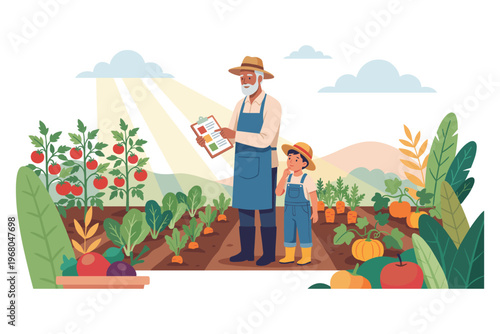 Garden Wisdom Shared: A seasoned gardener and a young apprentice immersed in their verdant garden, examining a harvest record sheet.