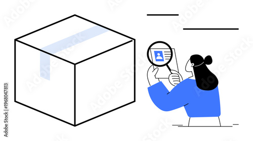 Identity verification concept. Woman verifying identity with ID inspection for secure package delivery. Identity assurance in logistics, online shopping, e-commerce, customer safety, security