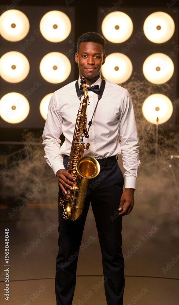 Fototapeta premium Saxophonist Performing on Stage with Jazz Vibes Professional