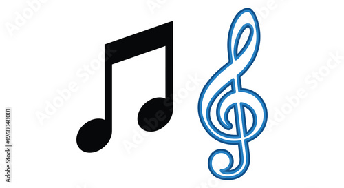 Two musical symbols a black note and a blue treble clef are displayed against a white background silhouette high quality professional