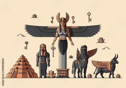 Ancient Mesopotamian Mythology Illustration with Winged Goddess Ishtar, Lamassu, Ziggurat, and Sumerian Deities