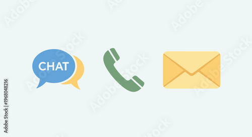 Instant communication icons featuring chat bubble, telephone call, and mail message in bright studio.