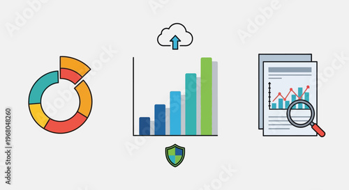 Data Analysis and Cloud Computing with Business Report and Security Icons in Bright Studio