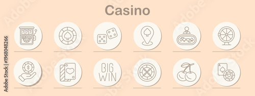 Casino set icon. Line symbols depict slot machine jackpot, poker chip, dice cubes, spade marker, roulette table, fortune wheel, coin hand, playing card, big win text, roulette wheel, cherries fruit