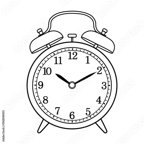 Hand drawn classic ringing alarm clock line art, Retro alarm clock black and white. Outline vector illustration collection isolated on white background. Editable outline