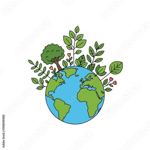 Illustration of a green Earth globe with various plants and leaves sprouting from it on a white background with a natural and earthy feel.