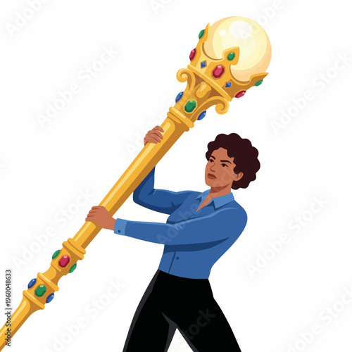 This powerful illustration portrays a confident woman wielding a grand jewelled staff, symbolizing strength, authority, and grace within a captivating artistic setting.