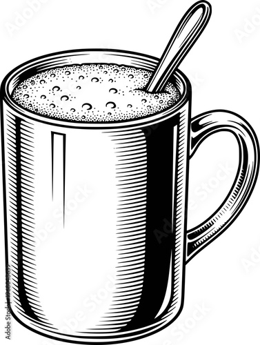 Black and white of a steaming mug of coffee with a spoon a white background drink