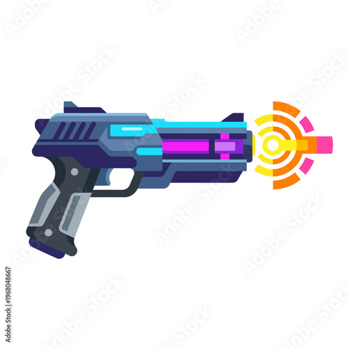 This imaginative illustration features a high-tech sci-fi pistol emitting colorful energy, representing futuristic concepts and captivating the viewer with its extraordinary design.
