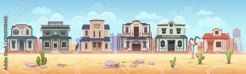 Western town building landscape or Wild West cowboy salon, houses, vector cartoon background. Western town or old American country scene with bank or gun store and saloon bar of Texas village houses