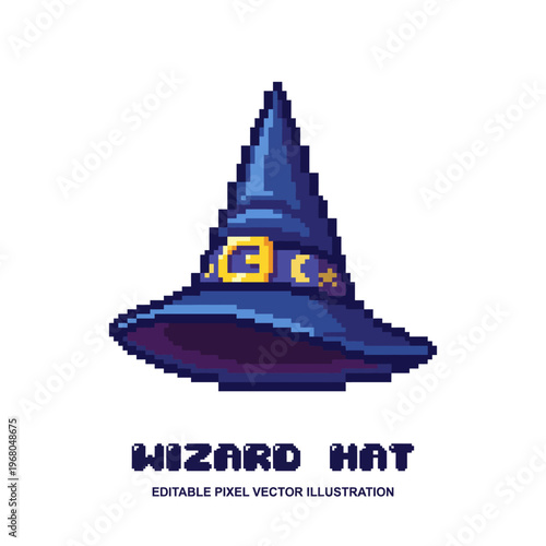 This playful pixel art illustration depicts a classic wizard hat adorned with magical symbols, bringing a whimsical touch to the magical world and inspiring imagination and creativity.