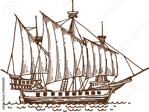 Vintage pirate sail ship and sailboat, European wooden galleon and warship sketch. Vector detailed sketch of a historic pirate vessel with vintage charm for historical designs, nautical graphics