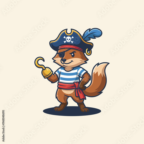 A playful pirate fox character donning a classic pirate hat, eye patch, and hook, representing adventure, bravery, and the imagination of childhood tales.