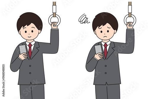 電車で通勤中にスマートフォンを見る若いビジネスパーソンの男性｜笑顔と困った顔のセット