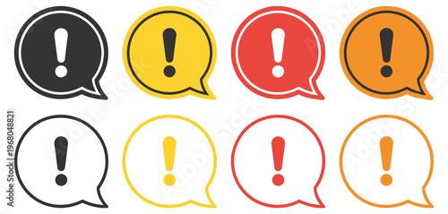 Speech bubbles with exclamation marks vector illustration, comic and alert style dialogue icons, modern flat vector set for messaging apps, notifications, web design, and social media graphics.