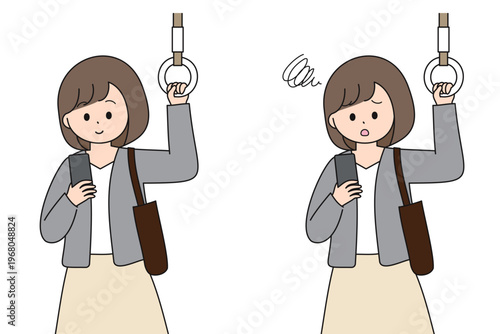 電車で通勤中にスマートフォンを見る若いビジネスパーソンの女性｜笑顔と困った顔のセット