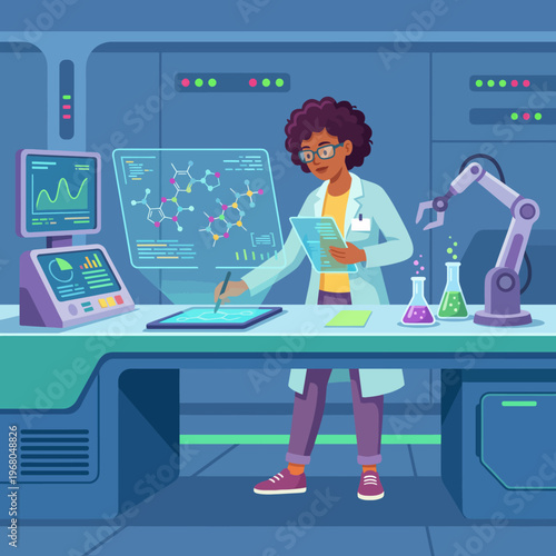 A digital illustration of a scientist in a high-tech lab, engaging in research with advanced equipment and digital displays, portraying the essence of innovation and scientific progress.