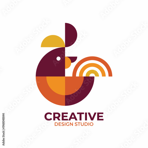 This vibrant logo showcases a stylized rooster utilizing warm tones, ideal for a creative design studio emphasizing innovation and artistic flair in their brand identity.
