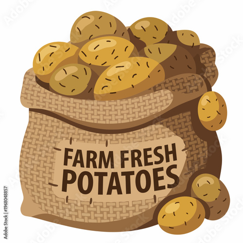 This illustration depicts a burlap bag overflowing with farm-fresh potatoes, symbolizing wholesome agriculture and connecting the viewer with the earthy roots of food production.