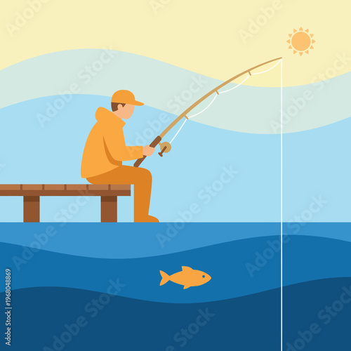 An inviting illustration of a fisherman sitting on a pier, peacefully casting his rod into serene waters, embodying relaxation and the joy of fishing outdoors.