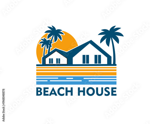 Palm beach house icon for tropical resort bungalow or hotel apartments, vector emblem. Travel and vacation accommodation or coastal real estate company badge for beach house with palms and sea waves