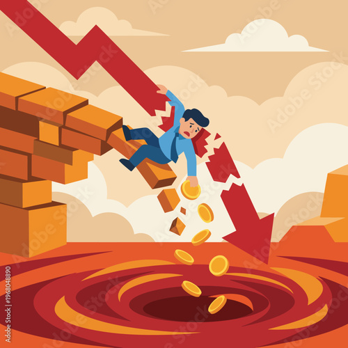 This illustration depicts a person falling while coins drop into a swirling pit, symbolizing financial losses due to market downturns and economic uncertainty.