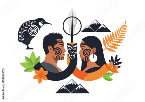Maori Cultural Heritage Illustration with Indigenous Man, Woman, Kiwi Bird, and New Zealand Symbols