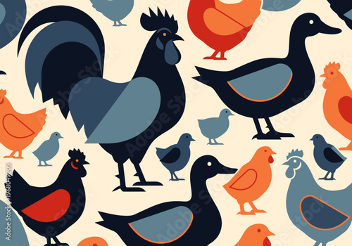 Modern Stylized Poultry Pattern with Roosters, Hens, and Ducks. Graphic Farm Bird Illustration in Navy Blue and Orange for Textile and Wallpaper Design.