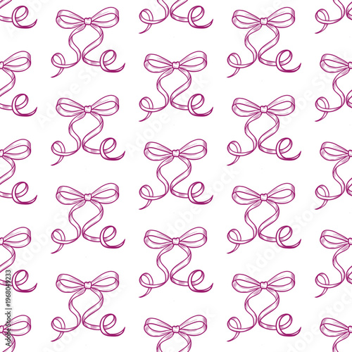 Hand drawn bows in simple line art seamless vector pattern. Whimsical delicate ribbon print in girly flirty style. Cute endless background for fabric and wallpaper. Bachelorette party design.